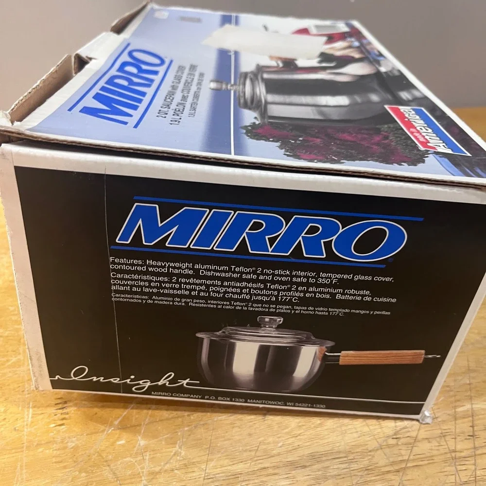 Vtg Mirro Insight 2 Qt Saucepan Wood Handle Glass Lid Nonstick Made in USA 30024